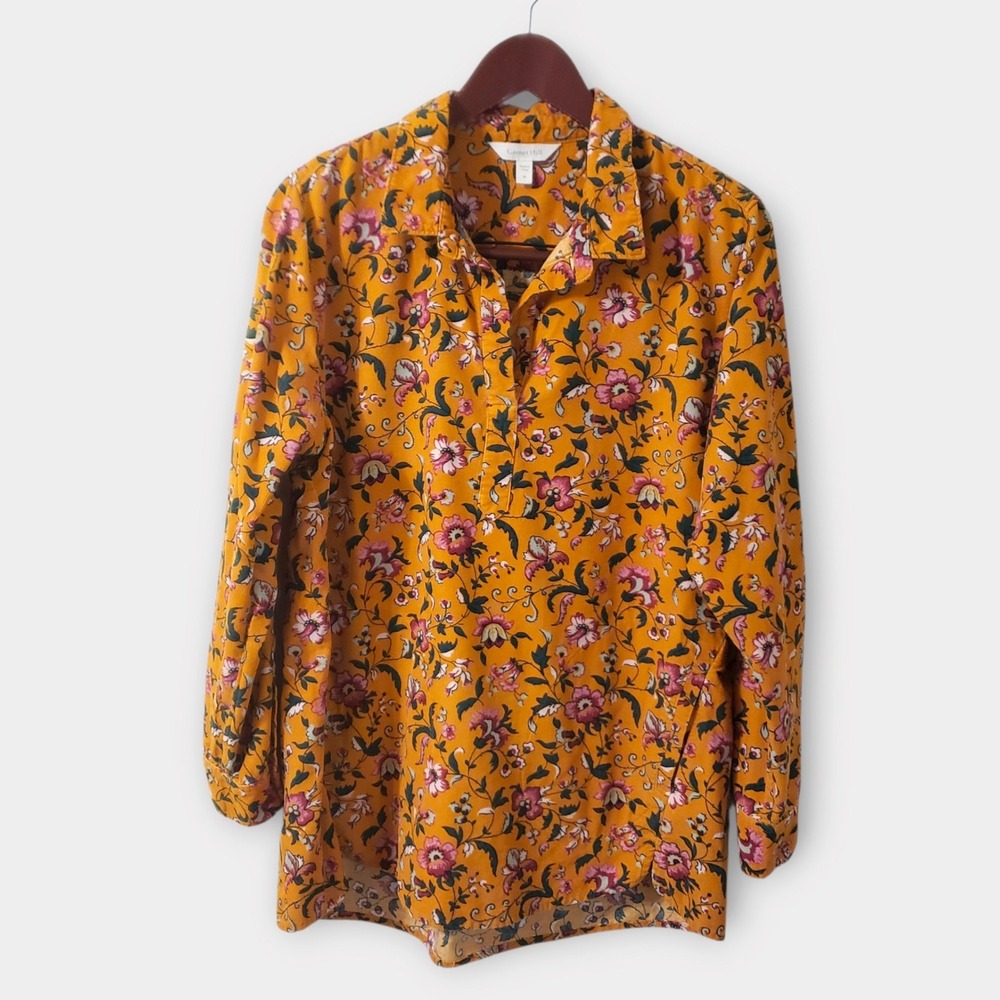 Garnet Hill Feather-Wale Corduroy Popover Tunic Shirt Yellow Floral Pockets M